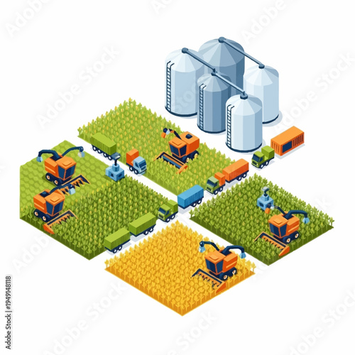Isometric Agricultural Landscape with Harvesters and Silos.