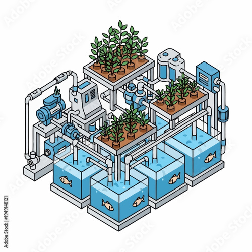 Isometric aquaponics system with fish tanks and plant beds.