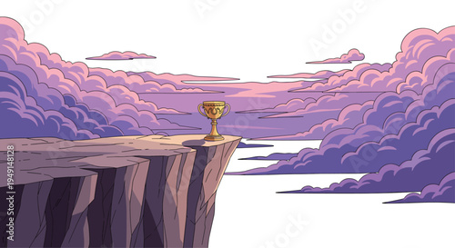 A single golden trophy cup with two handles is positioned precariously on the edge of a rugged brown cliff face.