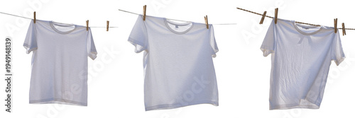 White t-shirts hanging on a clothesline isolated on white background