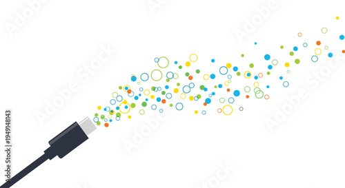A black USB-C cable emits a dynamic stream of multicolored circles and dots from its connector end against a clean white background.