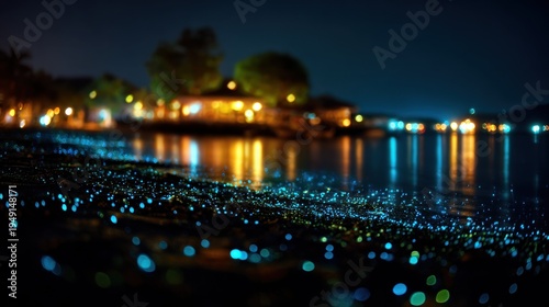 Enchanting Night Beach with Bioluminescent Sparkles and Warm Bokeh Lights