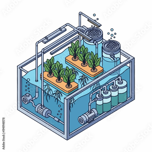 Isometric aquaponics system with plants growing in water.