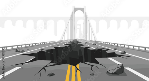 A wide, cracked chasm with scattered rocks splits a two-lane asphalt bridge road, with a suspension bridge in the distant background.