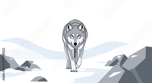 A pixelated gray wolf walks directly towards the viewer on a snowy landscape, surrounded by angular gray rocks and distant white mountains.