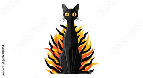 A slender black cat with large yellow eyes is seated amidst stylized orange and yellow flames on a clean white background.