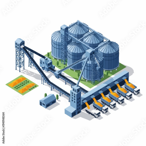 Isometric Grain Silo Complex with Trucks and Conveyor Belts for Agricultural Storage and Distribution.
