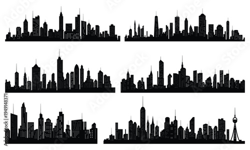 Black cities silhouette collection. Horizontal skyline set in flat style isolated on white. Cityscape with windows, urban panorama of night town.