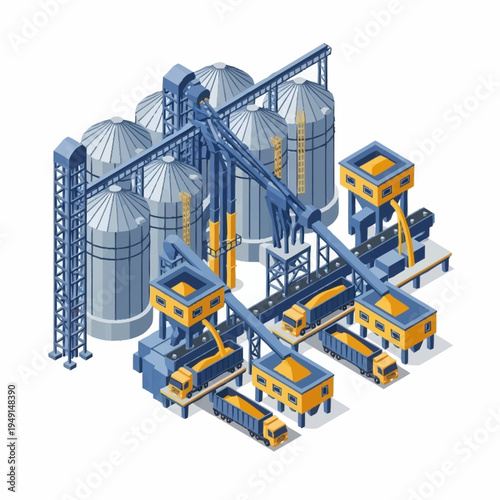 Isometric Grain Silo Complex with Trucks and Conveyor Belts for Agricultural Storage and Processing.