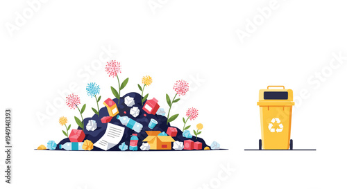 A large, colorful pile of assorted trash with vibrant pink, yellow, and blue flowers growing from it stands next to a bright yellow recycling bin.