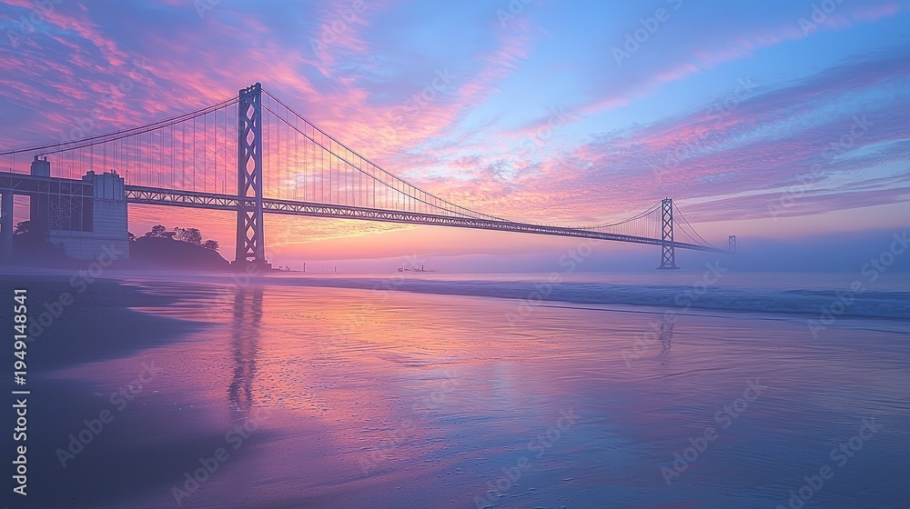 Obraz premium Serene Sunrise Over Bay Bridge with Misty Ocean and Vibrant Pink Sky Reflection