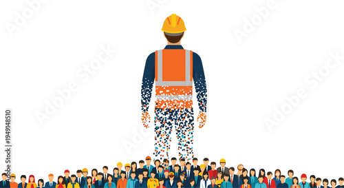 A large, pixelated construction worker figure in a yellow hard hat and orange vest stands above a diverse crowd of smaller pixelated people on a white background.
