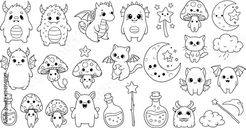 A collection of cute cartoon monsters and fantasy creatures isolated on transparent background