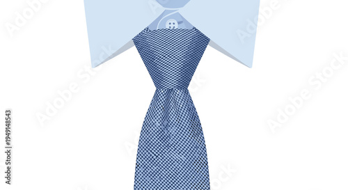 A light blue collared shirt with a fastened top button is adorned with a tightly knotted blue patterned tie against a white background.