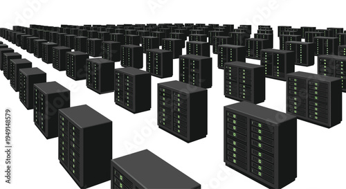 A high-angle view shows a vast field of uniformly arranged dark grey server racks with green lights on a white ground.
