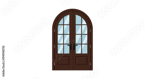 A dark brown arched double door with multiple clear glass panes and black handles is presented in a simple, symmetrical design.