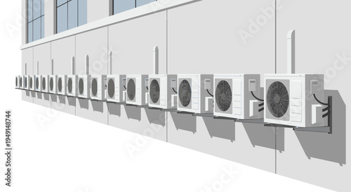 A long row of numerous white outdoor air conditioning units is mounted on a building wall, receding into the distance with an angled perspective.