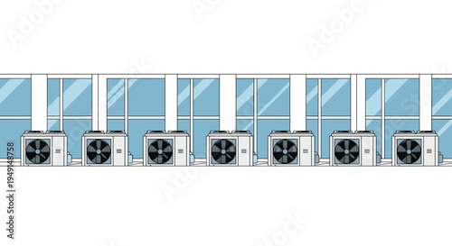 Seven white outdoor air conditioning units are neatly arranged in a straight line beneath a row of large blue-paned windows.