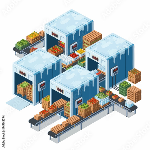 Isometric illustration of a cold storage facility for fresh produce.