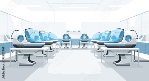 A sterile, futuristic room contains ten light blue and white cryo-pods arranged in symmetrical rows, emitting a soft blue glow within a light grey and white environment.