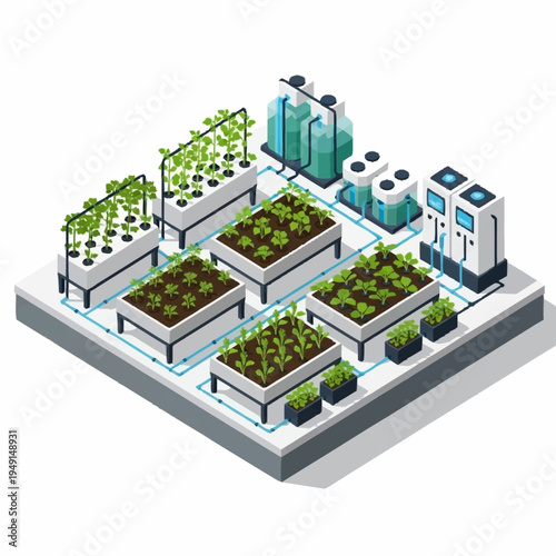 Isometric illustration of a modern indoor vertical farm with hydroponics.