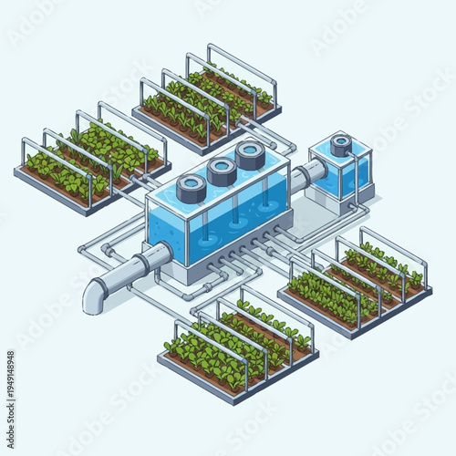 Isometric illustration of a hydroponic farming system with multiple plant beds.
