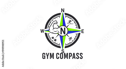 Gym compass logo with muscle arm, runner, and dumbbell