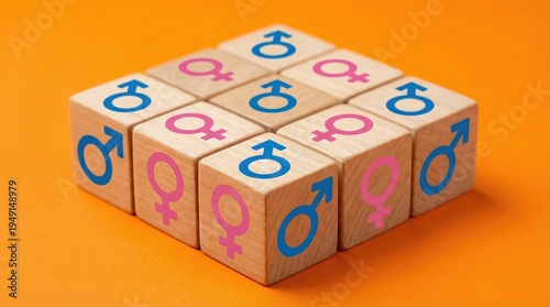 Wooden cubes with male and female symbols arranged on an orange background representing gender equality and diversity.