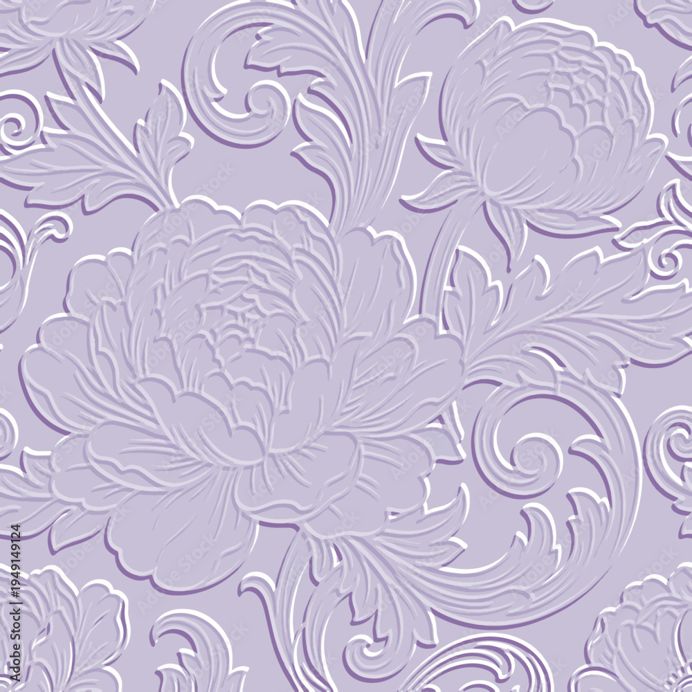 Fototapeta premium 3D embossed beautiful seamless pattern with blooming peonies and baroque scrolls. Elegant lilac textured floral background. Vector relief emboss ornament for premium wallpaper, fabric and interiors.