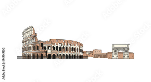 An illustrated depiction of the ancient Roman Colosseum and the Arch of Constantine stands side-by-side on a clean white background.