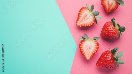 Fresh Strawberries Arranged on a Colorful Background in a Simple Layout