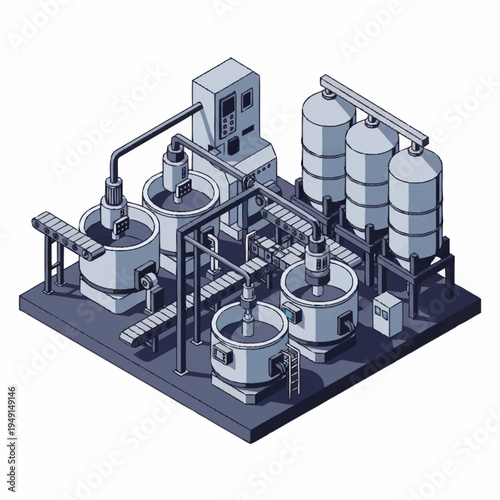 Isometric Industrial Plant with Tanks and Machinery.