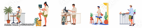 Collection of diverse people working remotely on balconies, using laptops and enjoying a flexible lifestyle in a sunny, outdoor setting.