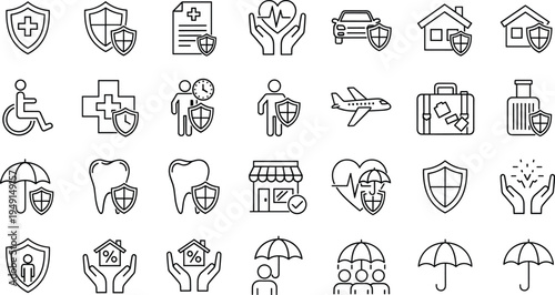 Insurance protection outline icons set including health travel home life dental and safety coverage vector collection