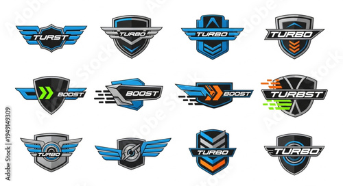 Collection of Turbo and Boost Shield Emblems for Automotive Design.