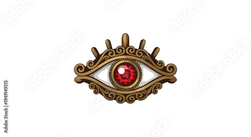 An ornate antique-gold evil eye brooch with a vibrant red gemstone pupil and intricate scrollwork is displayed against a plain white background.
