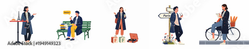 Flat vector illustration collection of people learning French, traveling to Paris, and experiencing French culture through various activities and iconic symbols.