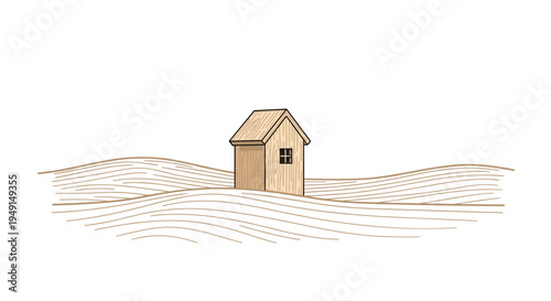 A small, light-brown wooden house with a single dark window is situated on gently rolling, line-drawn hills against a stark white background.