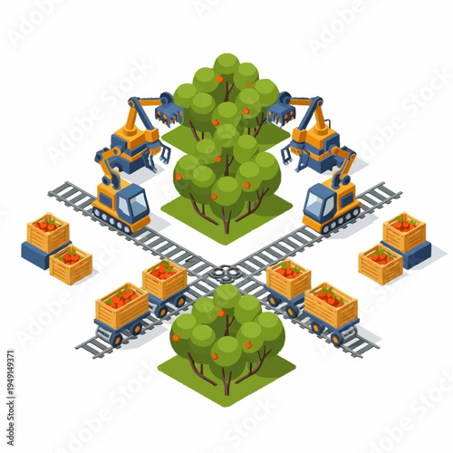 Isometric Smart Farm with Automated Harvesting and Transport System.