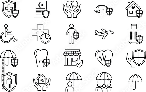 Insurance protection outline icons set with health travel home medical life property safety coverage vector collection