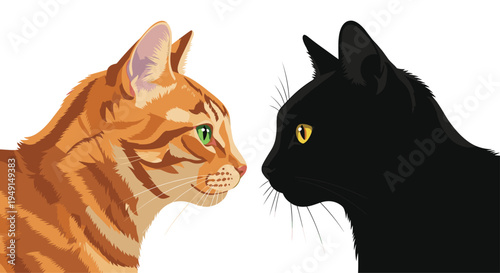 A close-up profile view captures the heads of an orange tabby cat with bright green eyes and a black cat with striking yellow eyes, facing each other.