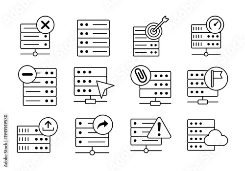 Server Database Management And Monitoring Technology Icons Collection Line Style System Symbols