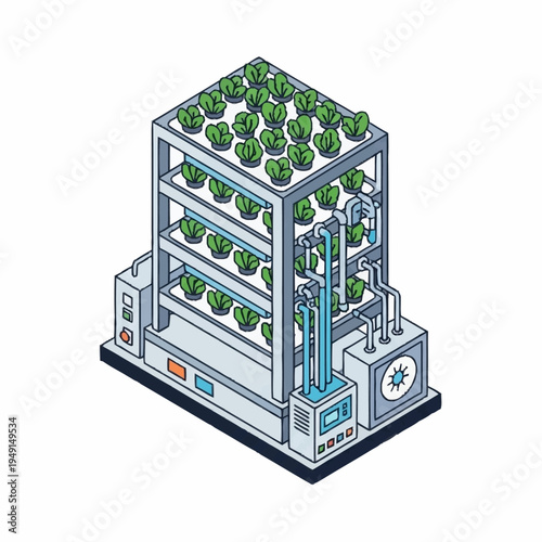 Isometric Vertical Farm with Hydroponic System for Sustainable Agriculture.
