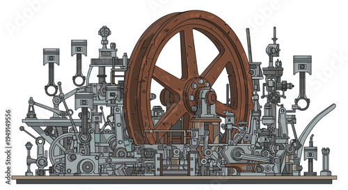A complex industrial machine features a large, dominant rusty brown flywheel at its center, surrounded by numerous gray pistons.