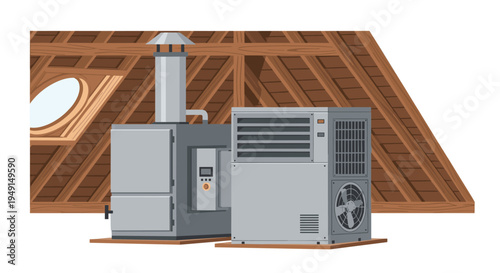Two distinct gray industrial units, one with a chimney and the other a rectangular air conditioner, sit on a wooden attic floor.