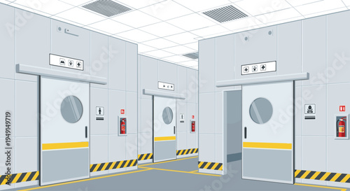 An interior perspective shows a sterile, grey hallway with multiple doors, circular windows, restroom signs, and hazard stripes on the floor.