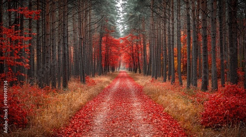 Enchanting Autumn Forest Path Carpeted in Vibrant Red Leaves, Towering Pines
