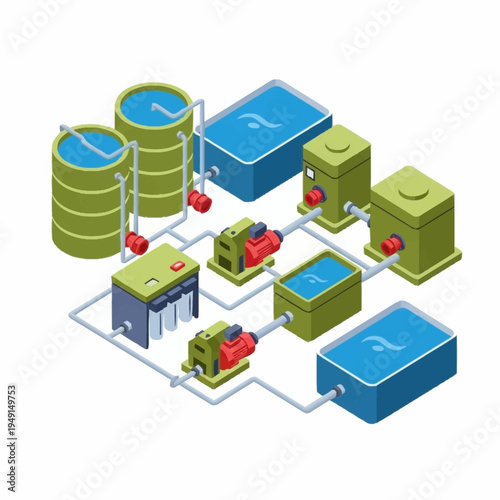 Isometric Water Treatment Plant with Tanks Pumps and Filtration System.