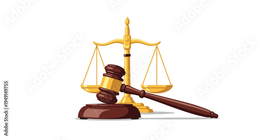 A golden scale of justice stands behind a golden-headed gavel with a dark wooden handle, both isolated on a pristine white background.