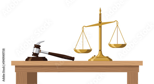 A golden scale of justice and a silver-headed gavel with a dark wooden handle rest side-by-side on a light brown wooden table.